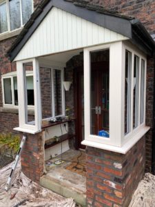 We recently completed a full porch installation at a property in Rufford, supplying and fitting a cream on white PVCu porch with matching windows and a Chartwell Green composite door. We also supply and fit coloured PVC and composite doors in Southport, Ormskirk, Liverpool, Chester, Manchester, Bolton, Blackburn, Preston, Lancaster and all surrounding areas in the Northwest.