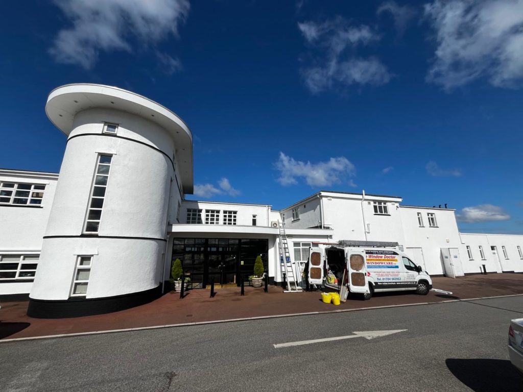 Royal Birkdale Golf Club window replacement and repairs. Windowcare Northwest carrying out work to replace and repair PVC windows including the installation of new white PVCu windows, replacement of failed double glazed units, and repairs to hinges, handles and locking mechanisms.